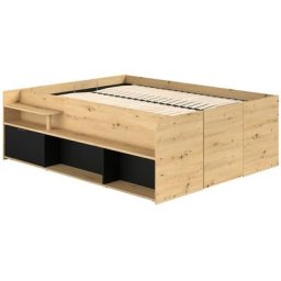 Odyssee Lit adulte - 140x200 cm - Avec coffre relevable - Décor chene et noir - l 166,2 x 66,5 x