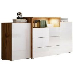 Commode Sarasota 127, Chêne wotan + Blanc brillant, Avec tiroirs et portes, 81x150x39cm, led
