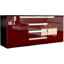 Buffet Commode Dressoir Crédence Sylt en Noir - haute brillance & tons naturels - Bordeaux haute