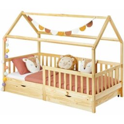 Lit cabane nuna lit enfant simple en bois 90 x 200 cm, avec rangement 2 tiroirs, en pin massif à la