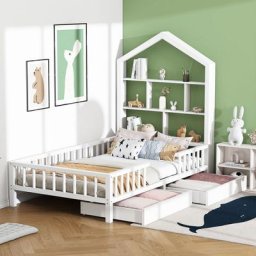 Lit cabane enfant 200 x 90 cm - avec tête de lit bibliothèque et 2 tiroirs, sommier à lattes