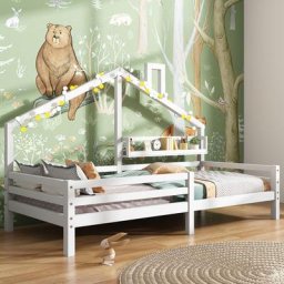 Lit cabane enfant 90 x 200 cm avec étagère de rangement, Sommier à lattes et barrières inlcus, Bois