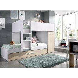 Lits superposés Crystal pour deux enfants Blanc mat et naturel avec armoire Blanc et Naturel