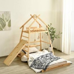 Merax - Lit cabane enfant, Tour de lit ludique avec sommier à lattes escamotable, Naturel, 120 x