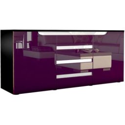 Buffet Commode Dressoir Crédence Sylt en Noir - haute brillance & tons naturels - Mûre haute