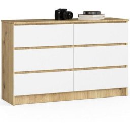 Commode Akord K120 Chêne Artisan 120 cm 6 tiroirs façade Blanche 120x40x77 cm
