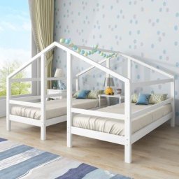 Merax - Lit cabane 90 x 200 cm pour 2 enfants, 2 lot de lit simple avec table de chevet et sommier