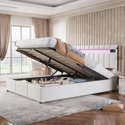 Lit coffre led 140 x 200 cm - avec lecteur bluetooth, recharge usb, sommier à lattes, tête de lit,