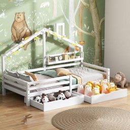 Lit cabane 90 x 200 cm, Lit enfant avec étagère de rangement et 2 grands tiroirs, Sommier et