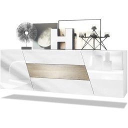 Buffet Commode Dressoir Crédence Houston pendaison Blanc mat - haute brillance - Chêne Ribbeck sans