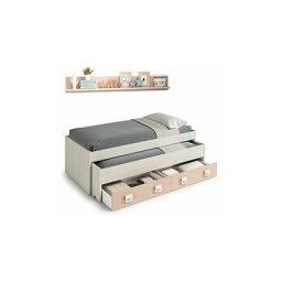 Cadre de lit avec deuxième lit gigogne avec commode et étagère murale assortie, couleur blanche