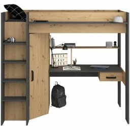 High Lit combiné mezzanine enfant - Décor chene et gris - Sommier inclus - 90 x 200 cm - Parisot