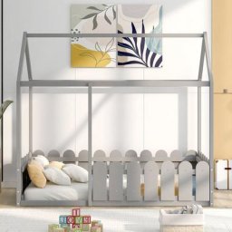 Lit cabane enfant 80 x 160cm - avec barrières, en pin, Lit au sol - Gris LBF