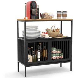 Buffet de Cuisine Industriel avec Étagère Ouverte et Placard à 2 Portes, Meuble de Rangement avec