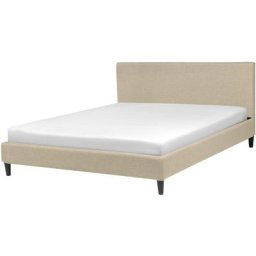 Lit Double en Tissu Beige 180 x 200 cm Design Minimaliste avec Touche Rétro pour Chambre Moderne ou