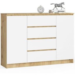 Commode Akord K140 Chêne Artisan 138 cm 2 portes 4 tiroirs façade Blanche 4 étagères 138x40x99 cm