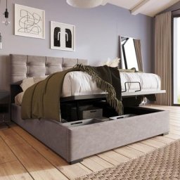 Lit coffre adulte capitonné 90 x 200 cm - avec tête de lit relevable, sommier à lattes métal, tissu