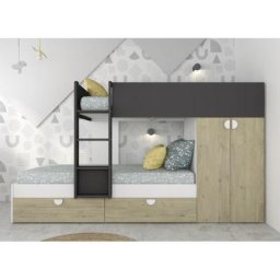 Lits superposés Wilson pour deux enfants Noir graphite Chêne et Blanc mat avec armoire Noir, chêne