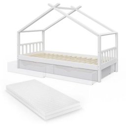 Lit cabane ""Design 90x200cm Blanc avec tiroir et matelas Vitalispa