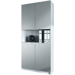 Vladon - Armoire de bureau haute Rangement Logan V2 Blanc mat - haute brillance - Façades en Gris