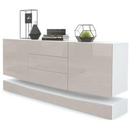 Buffet Commode Dressoir Crédence City en Blanc - haute brillance & tons naturels - Façades en Gris