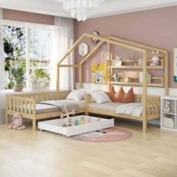 Lit cabane enfant 90 x 200 cm + 70 x 140 cm - avec tiroirs, étagères, sommier à lattes, cadre en l,
