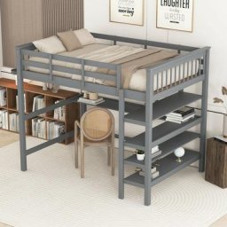 Lit mezzanine enfant 140 x 200 avec rangement et bureau sous lit, gris