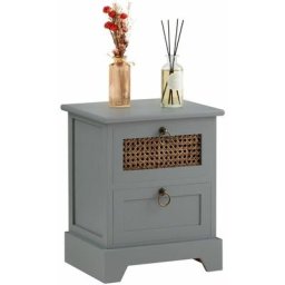 Table de chevet padma 2 tiroirs, table de nuit design vintage en bois lasuré gris et rotin - Gris