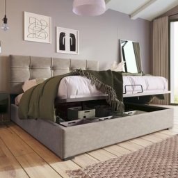 Lit coffre double capitonné 140 x 200 cm - avec tête de lit relevable, sommier à lattes métal,