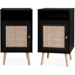 Lot de 2 tables de chevet en cannage - Bohème - 40x39x65.8cm Noir - 2 niveaux - 1 portes - 1 espace