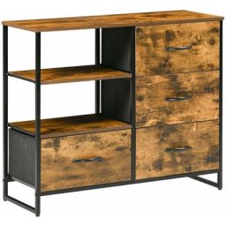 Buffet design industriel - 4 tiroirs, 2 niches, plateau - châssis acier noir MDF aspect bois avec