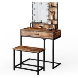 Coiffeuse ""Fyrk"" Vieux bois/Noir avec banc et éclairage led Vicco