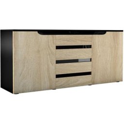 Vladon Buffet Commode Dressoir Crédence Sylt en Noir - haute brillance & tons naturels - Chêne brut