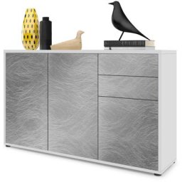 Vladon - Commode Armoire Dressoir Crédence Ben V3 Blanc mat - haute brillance - Façades en Metal