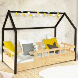 Lit cabane enfant 80 x 160 cm neree bois et noir avec sommier et barrières - Multicolore