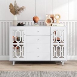 Buffet bas miroir blanc avec poignées en cristal, 2 Portes et 4 tiroirs, pour salon, salle à