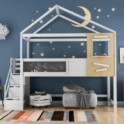 Lit cabane enfant 90x200 cm - avec escalier d'angle, fenêtre, tableau noir, 3 tiroirs, sommier à