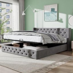 Lit coffre adulte 140 x 200 cm avec sommier - Coffre de rangement - Tissu en flanelle - Tête de lit