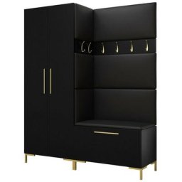 Ensemble entrée Hartford F100, Noir, 196x158x44cm, Noir, Faux cuir, Stratifié, Mural, Mis - Noir