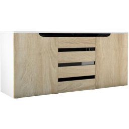 Buffet Commode Dressoir Crédence Sylt en Blanc - haute brillance & tons naturels - Chêne brut /