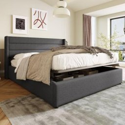 Lit coffre double 160 x 200 cm - avec structure métal, sommier à lattes, lit capitonné adulte en