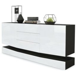 Buffet Commode Dressoir Crédence City en Noir - haute brillance & tons naturels - Façades en Blanc