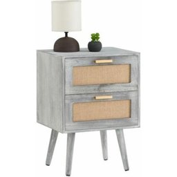 Table de chevet waman petite commode de nuit avec 2 tiroirs, en bois de paulownia lasuré gris et