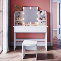Coiffeuse avec Miroir et Tabouret 1 Tiroir, 4 Compartiments de Rangement Miroir - 108x40x140cm