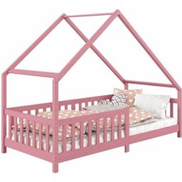 Lit cabane cora lit enfant simple asymétrique en bois 90 x 190 cm en pin massif lasuré rose - Rose