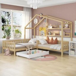 Lit cabane enfant 90 x 200 cm + 70 x 140 cm - avec tiroirs, étagères, sommier à lattes, cadre en l,