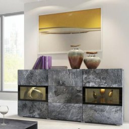 Buffet 2 portes et 3 tiroirs collection ramos. Éclairage led intégré. Coloris gris effet ardoise et
