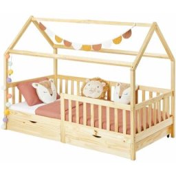 Lit cabane nuna lit enfant simple en bois 90 x 190 cm, avec rangement 2 tiroirs, en pin massif