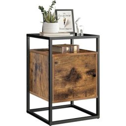 Table de Chevet, 40 x 40 x 60 cm, en Verre trempé, avec Placard, Style Industriel, Marron Rustique