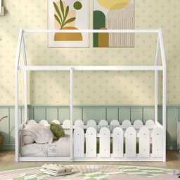 Lit cabane enfant 80 x 160cm - avec barrières, en pin, Lit au sol - Blanc LBF
